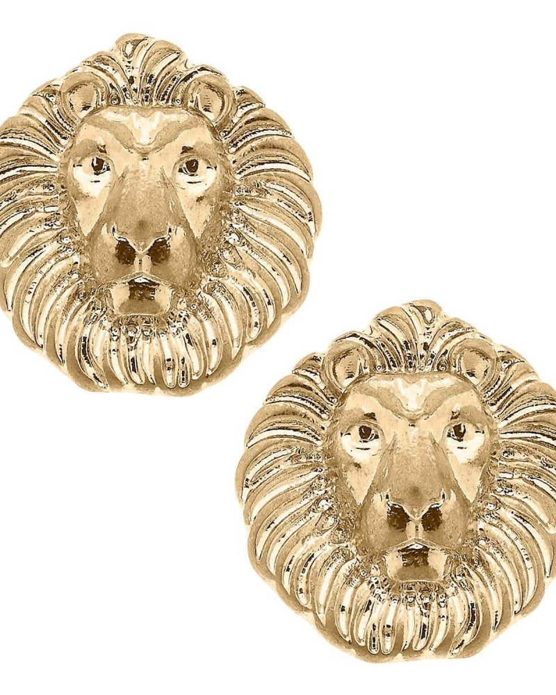 Front of a size O/S Women'S Louise Lion Head Stud Earrings in Worn Gold in Worn Gold by CANVAS Style. | dia_product_style_image_id:331239